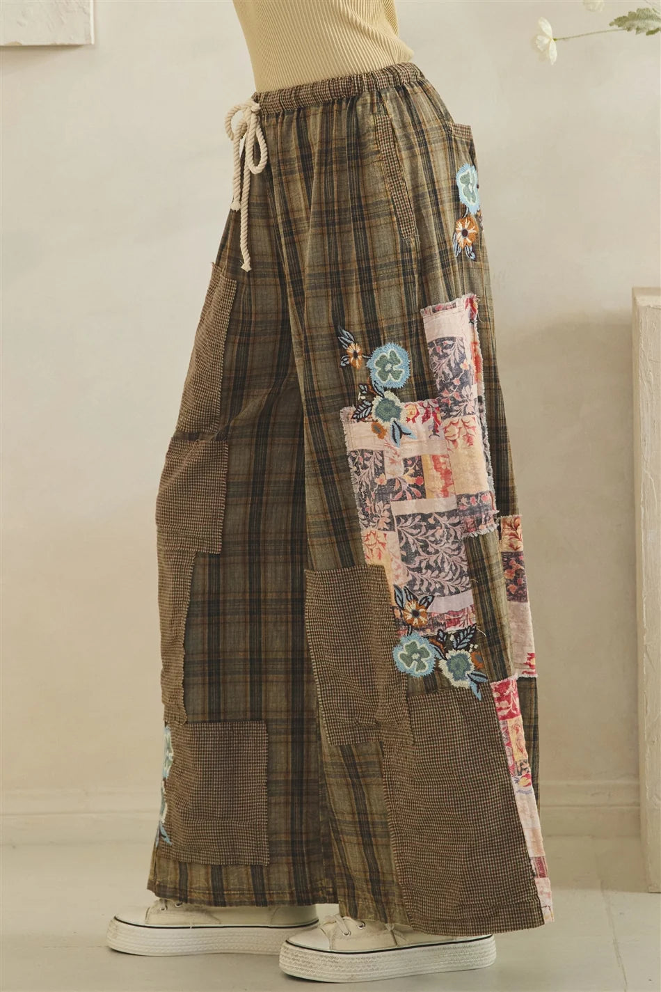 Oli & Hali Olive Plaid Floral Patch Pants