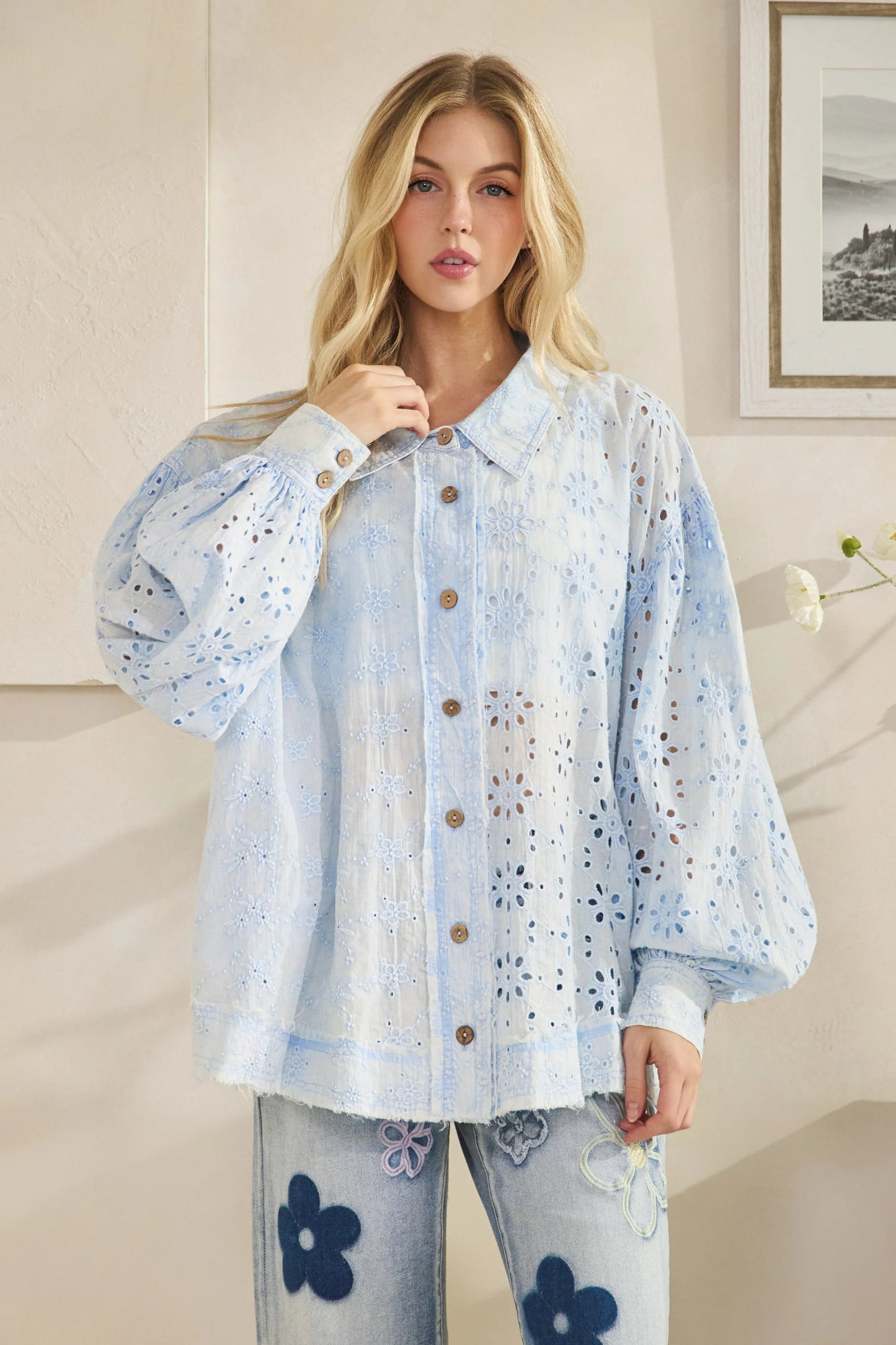 Oli & Hali Eyelet Button Down Top Light Blue