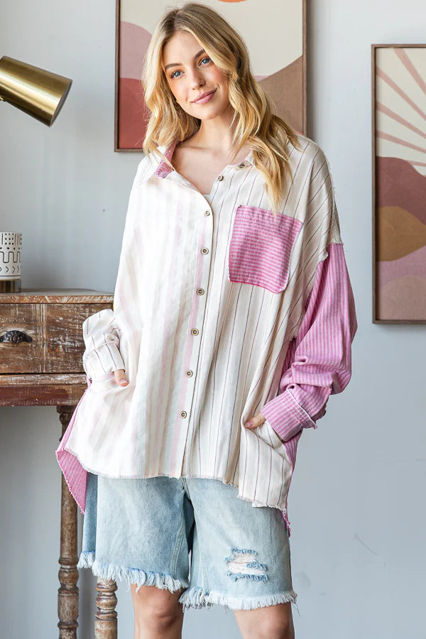 Oli & Hali Pink Stripe Button Down Top
