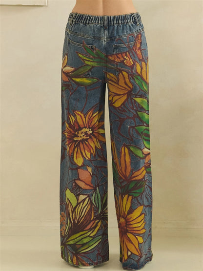 Oli & Hali Watercolor Sunflower Print Denim Pants