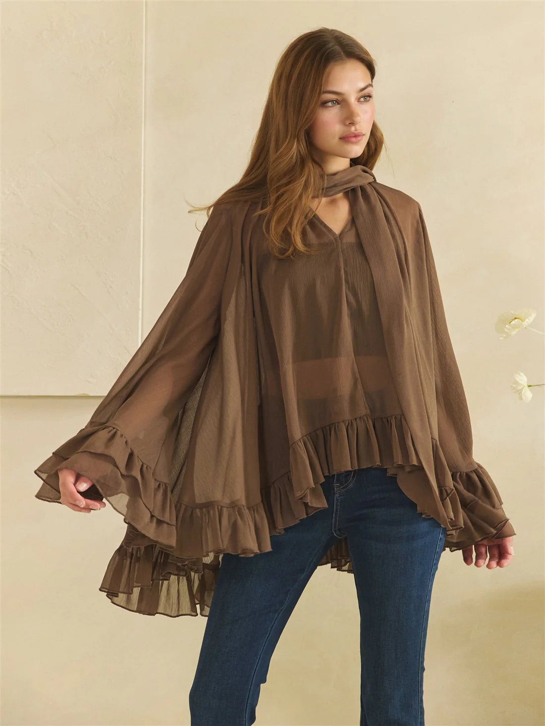 Oli & Hali Brown Sheer Tie Neck Ruffle Top