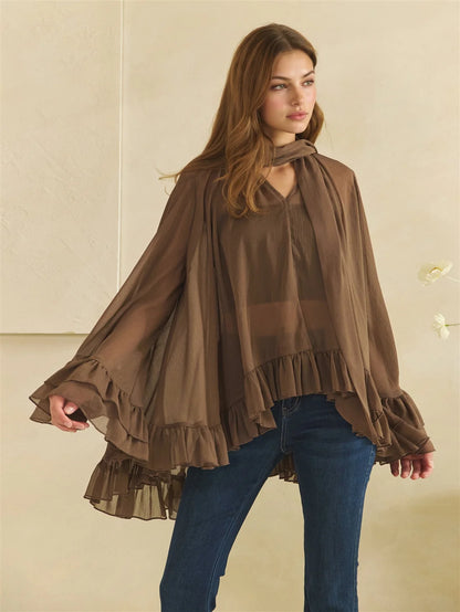 Oli & Hali Brown Sheer Tie Neck Ruffle Top
