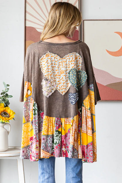 Round Neck Love Patchwork Ruffle Hem Top Oli & Hali Charcoal