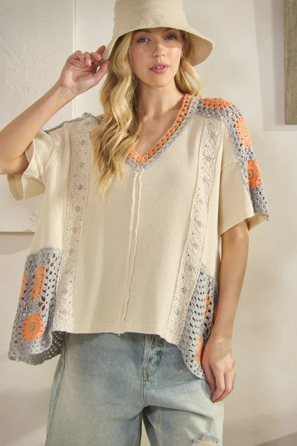 Oli & Hali Cream, Grey, and Orange Crochet Top