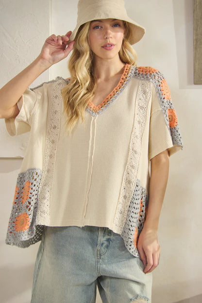 Oli & Hali Cream, Grey, and Orange Crochet Top