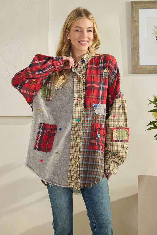 Oli & Hali Colorblock Patchwork Plaid Button Down Shirt Red
