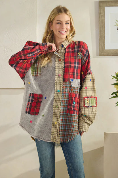 Oli & Hali Colorblock Patchwork Plaid Button Down Shirt Red