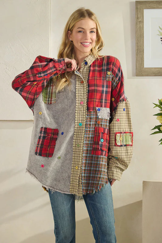 Oli & Hali Colorblock Patchwork Plaid Button Down Shirt Red