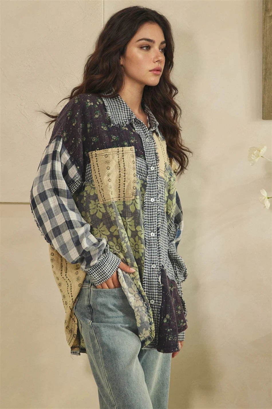 Oli & Hali Navy Plaid Patchwork Button Down Top