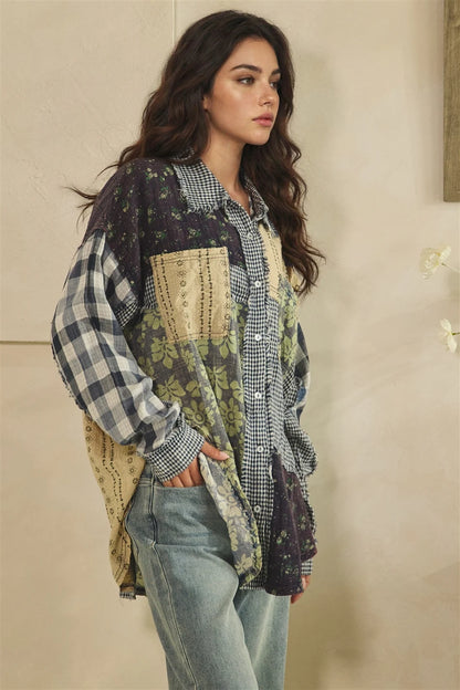 Oli & Hali Navy Plaid Patchwork Button Down Top