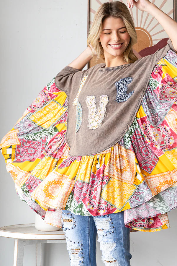 Round Neck Love Patchwork Ruffle Hem Top Oli & Hali Charcoal