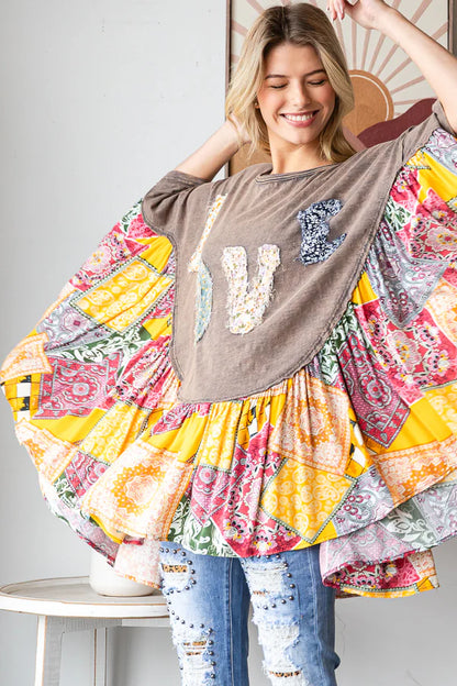 Round Neck Love Patchwork Ruffle Hem Top Oli & Hali Charcoal