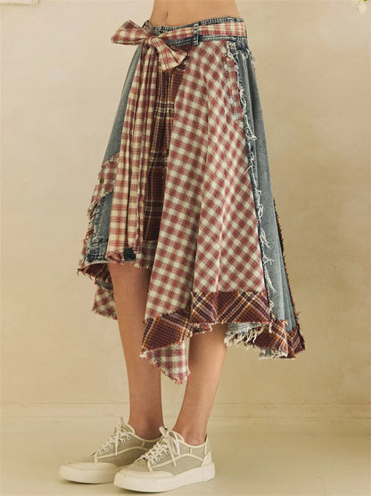 Oli & Hali Red Asymmetric Draped Plaid Skirt