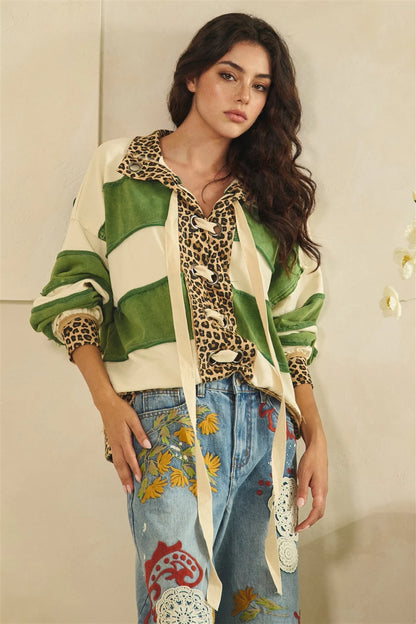 Oli & Hali Green Leopard Stripe Lace Up Top