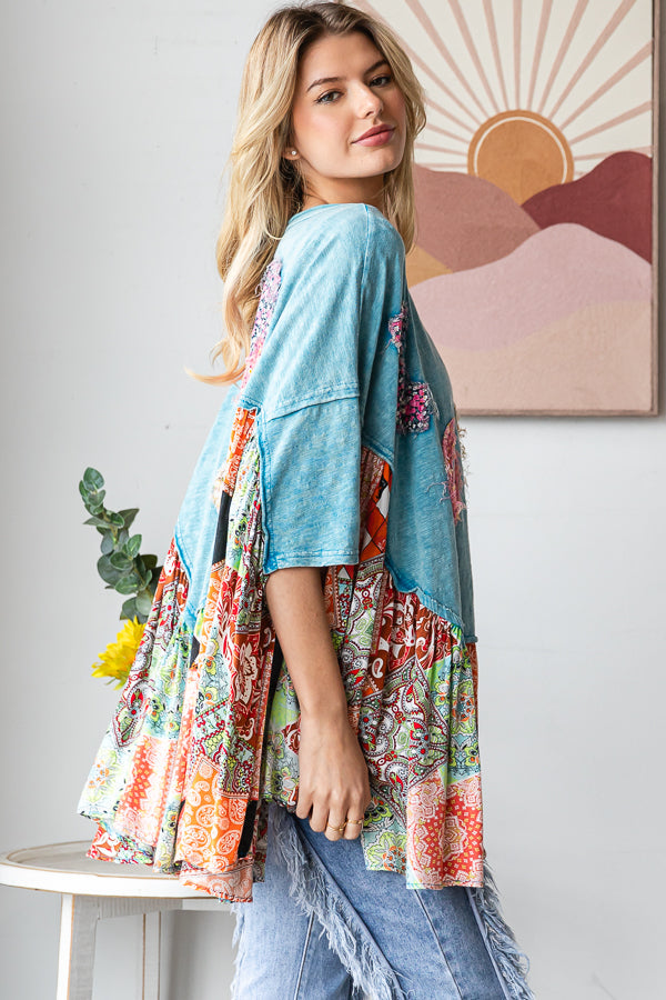 Round Neck Love Patchwork Ruffle Hem Top Oli & Hali Blue