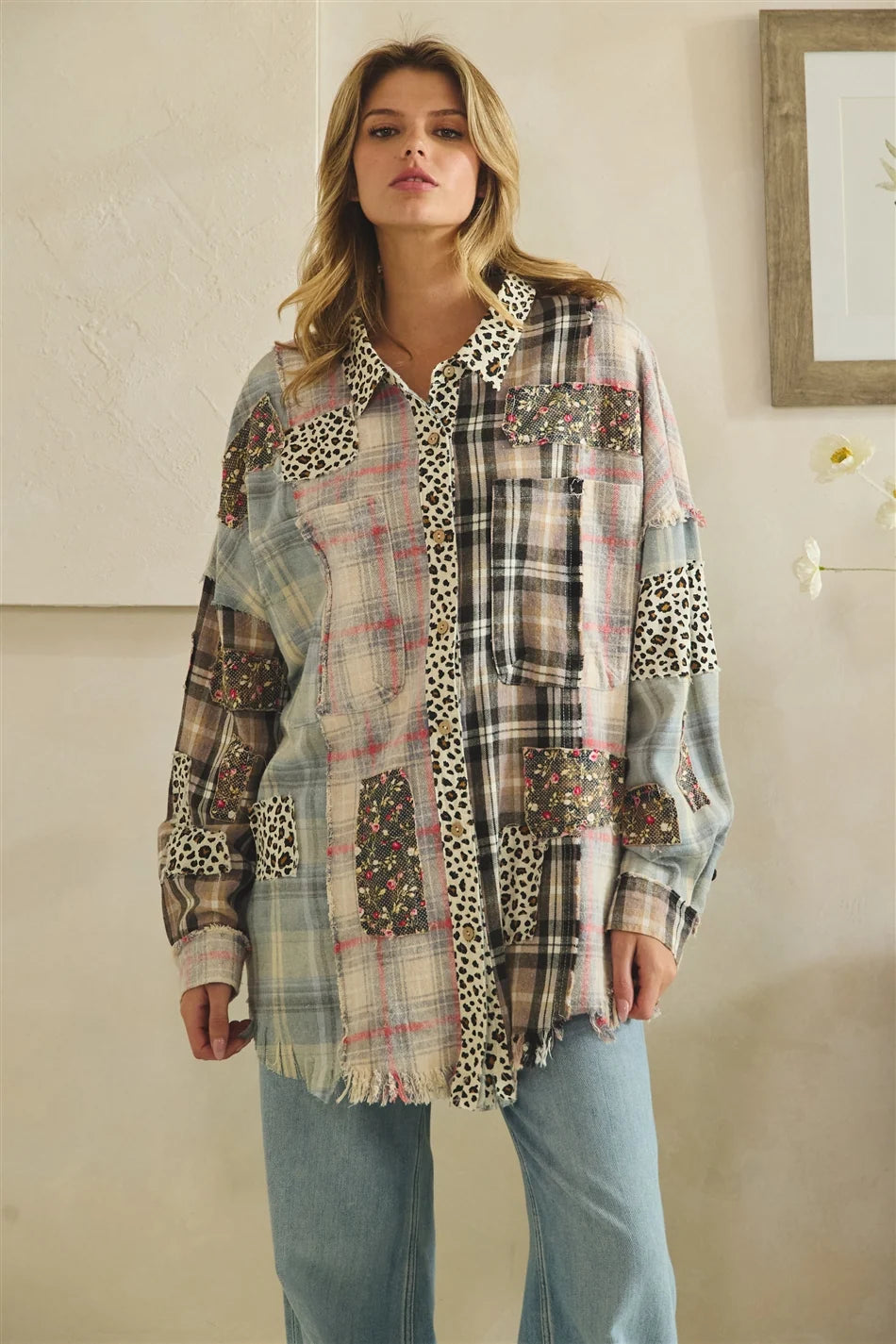 Oli & Hali Black Leopard Plaid Patch Button Down Top