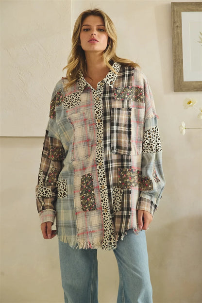 Oli & Hali Black Leopard Plaid Patch Button Down Top