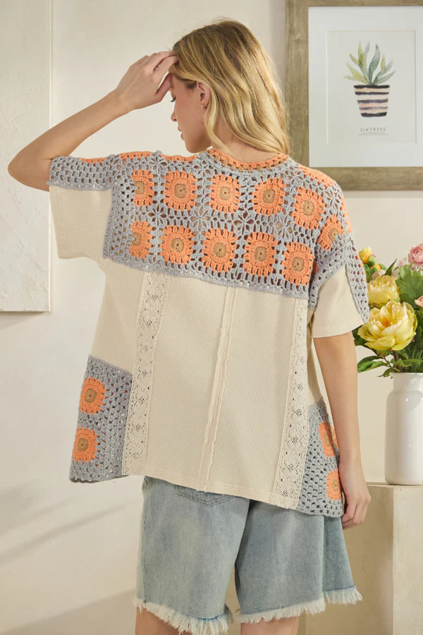 Oli & Hali Cream, Grey, and Orange Crochet Top