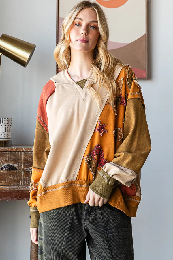 Colorblock Patchwork Hooded Pullover Top Camel
