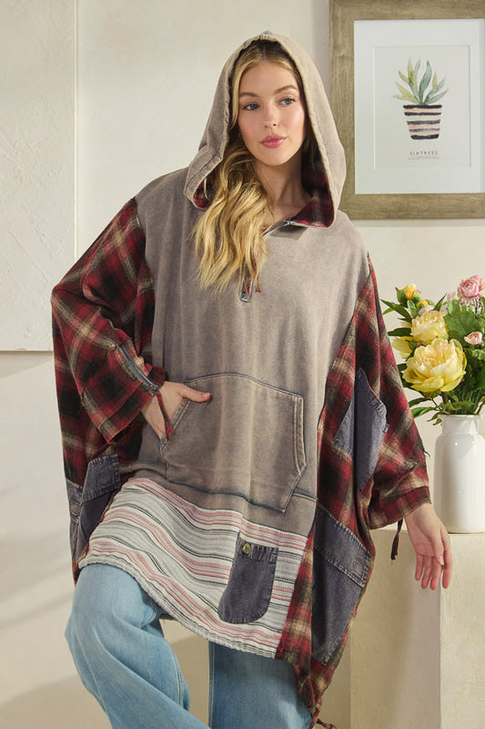 Oli & Hali Washed Mixed Fabric Half Zip Hooded Pullover Top Dolphin