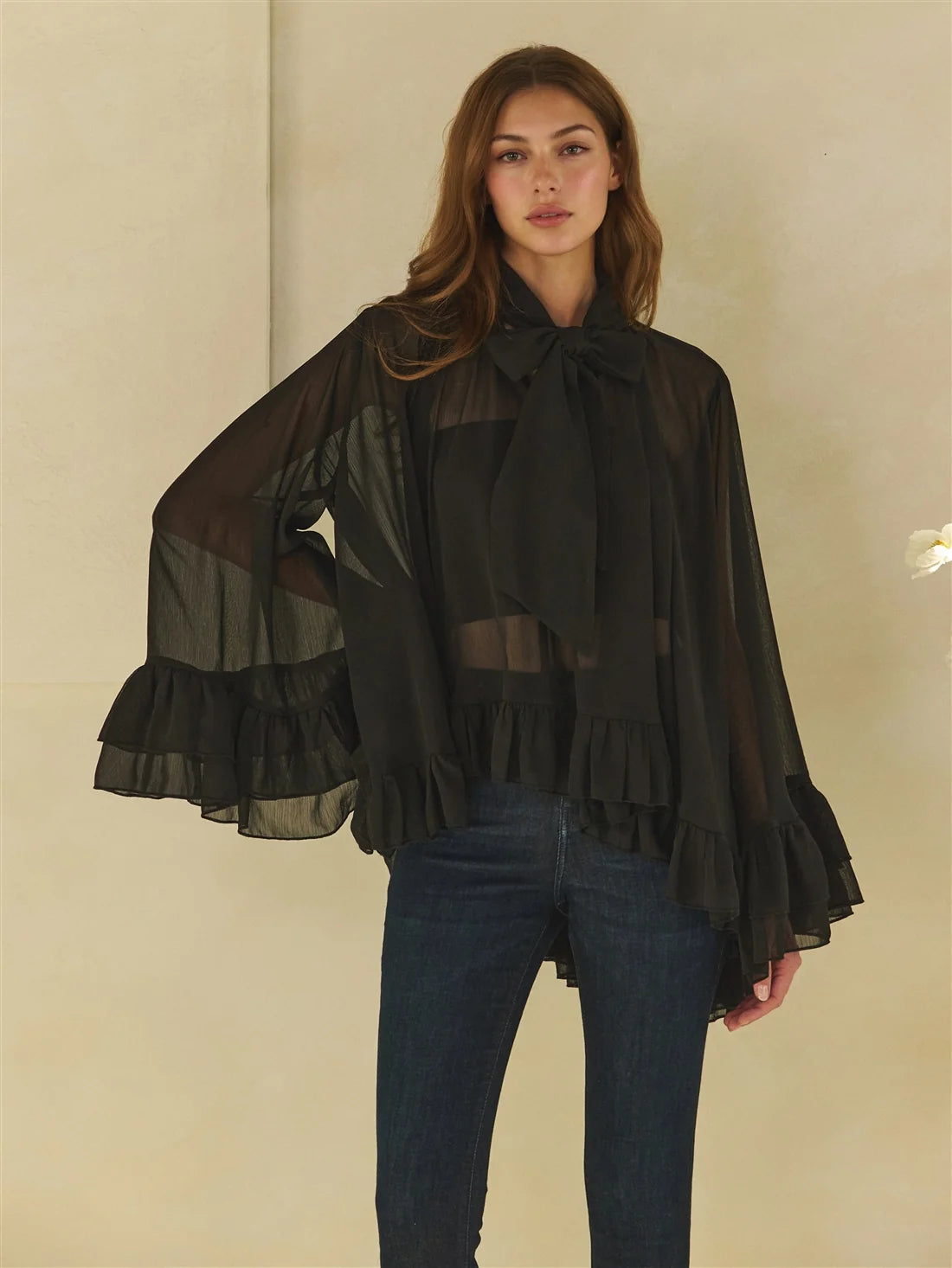 Oli & Hali Black Sheer Tie Neck Ruffle Top