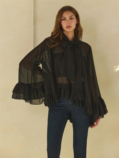 Oli & Hali Black Sheer Tie Neck Ruffle Top