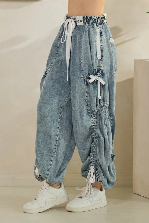 Drawstring Cinched Wide Leg Pants