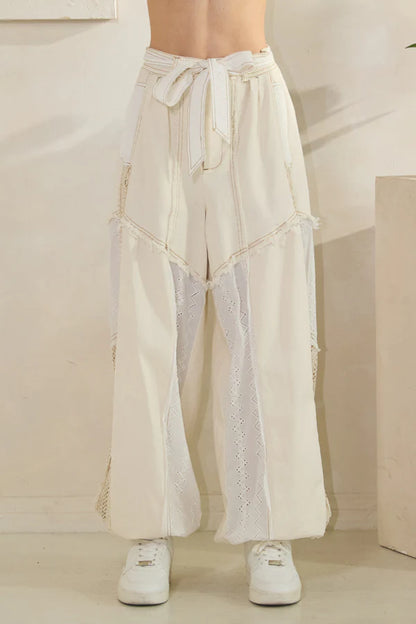 Mixed Fabric Belted Jogger Pants Oli & Hali Cream