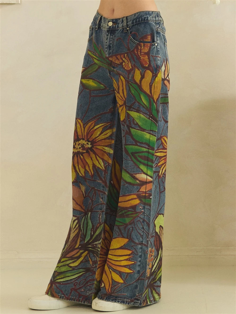 Oli & Hali Watercolor Sunflower Print Denim Pants