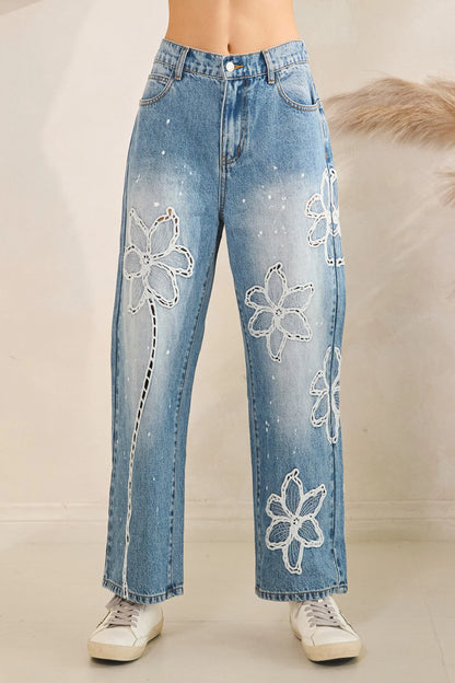 Oli & Hali White Floral Embroidered Straight Jeans