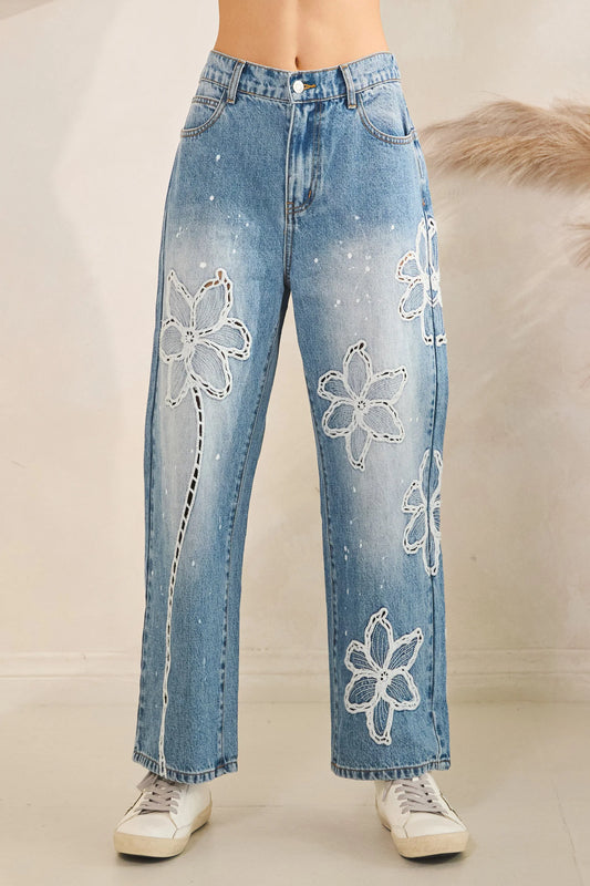 Oli & Hali White Floral Embroidered Straight Jeans
