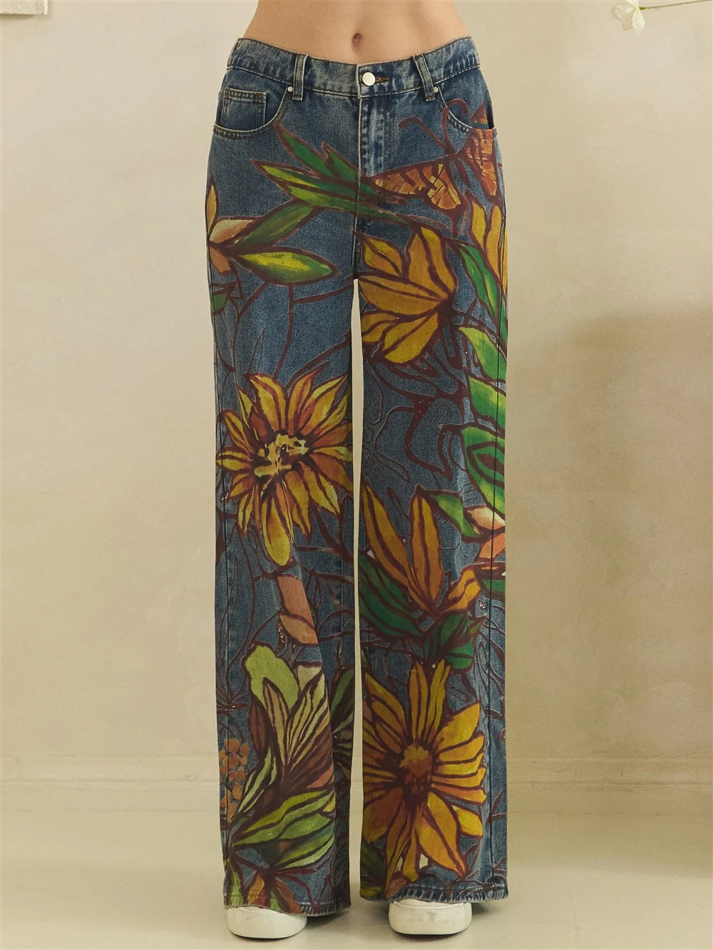 Oli & Hali Watercolor Sunflower Print Denim Pants