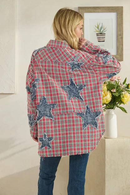 Oli & Hali Red Plaid Star Patch Button Down Top