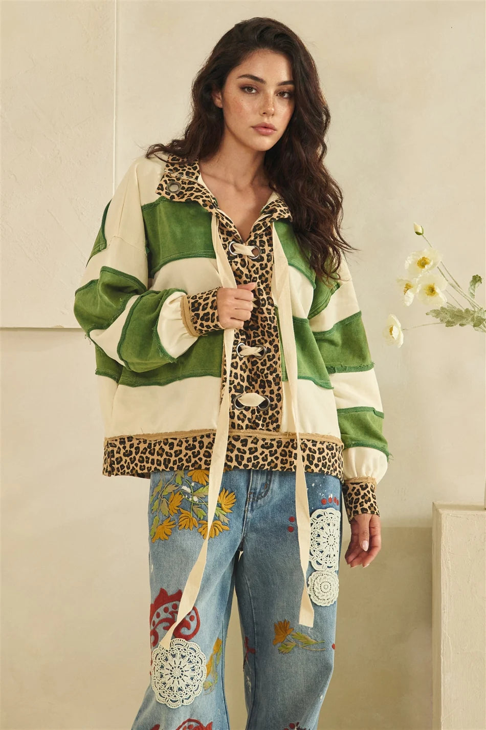 Oli & Hali Green Leopard Stripe Lace Up Top