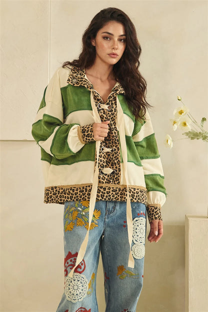 Oli & Hali Green Leopard Stripe Lace Up Top