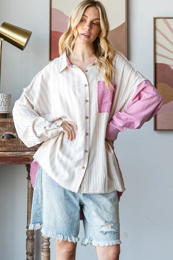 Oli & Hali Pink Stripe Button Down Top