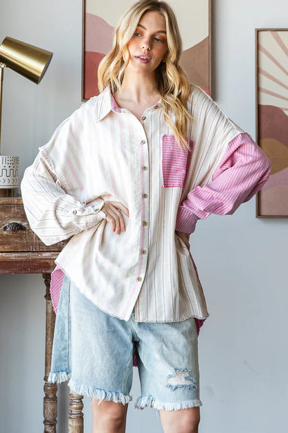 Oli & Hali Pink Stripe Button Down Top