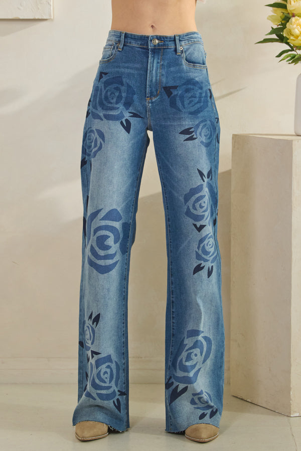 Rose Print Medium Wash Denim Jeans