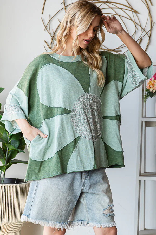 Oversized Green Flower Patchwork Tee Oli & Hali