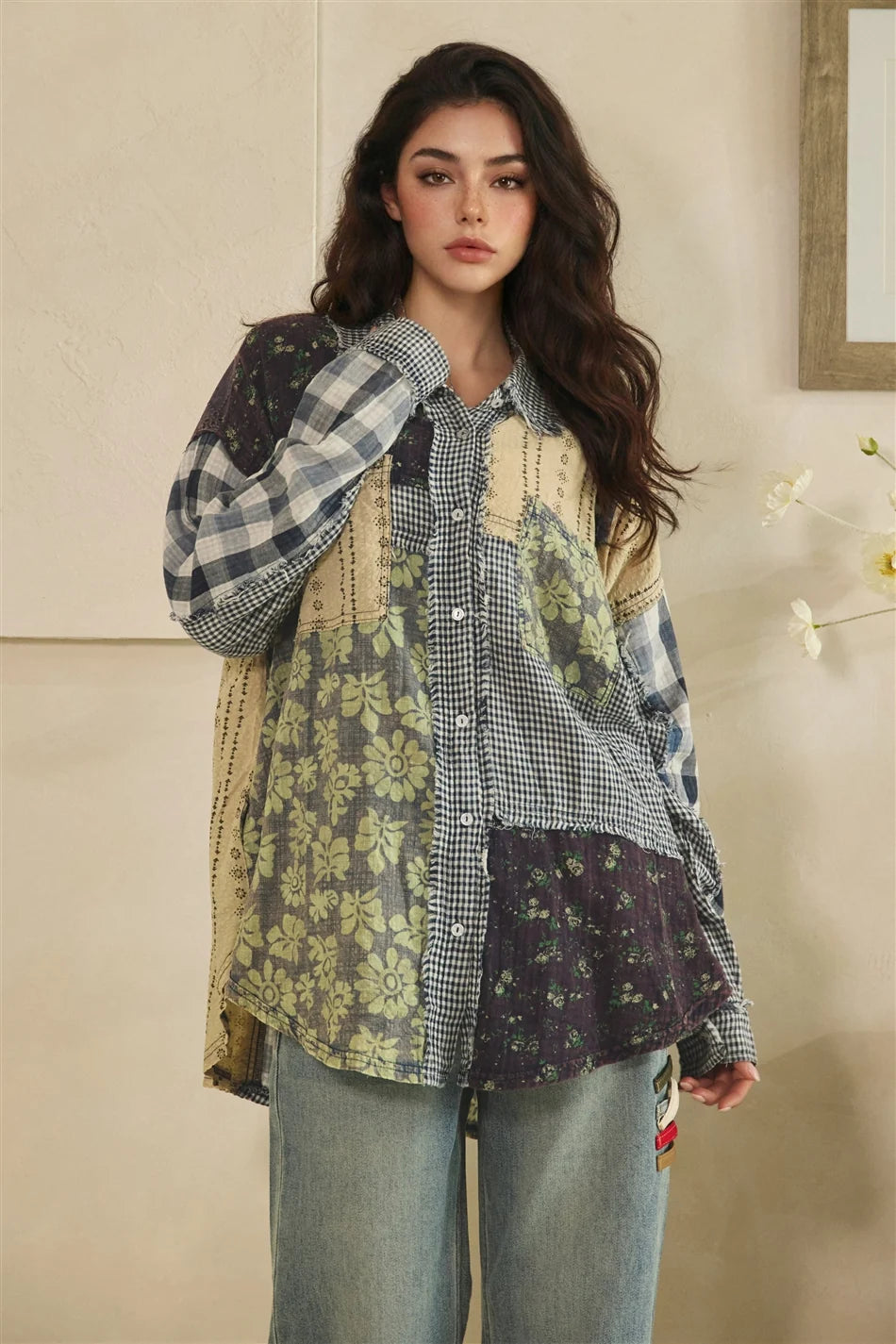Oli & Hali Navy Plaid Patchwork Button Down Top