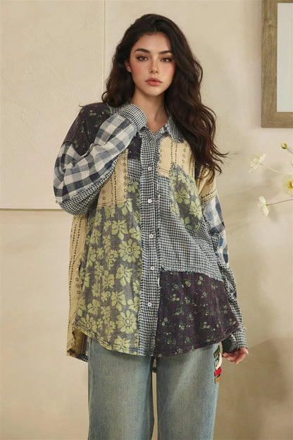 Oli & Hali Navy Plaid Patchwork Button Down Top
