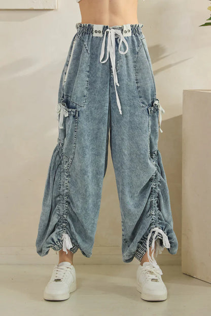 Drawstring Cinched Wide Leg Pants