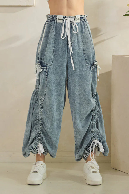 Drawstring Cinched Wide Leg Pants