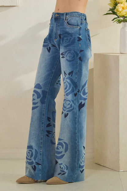 Rose Print Medium Wash Denim Jeans