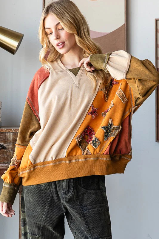 Colorblock Patchwork Hooded Pullover Top Camel