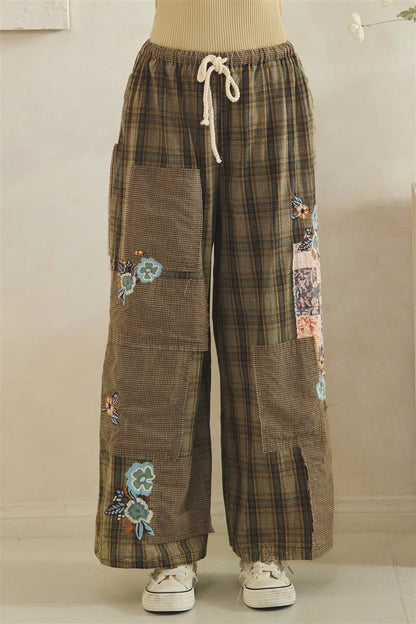 Oli & Hali Olive Plaid Floral Patch Pants