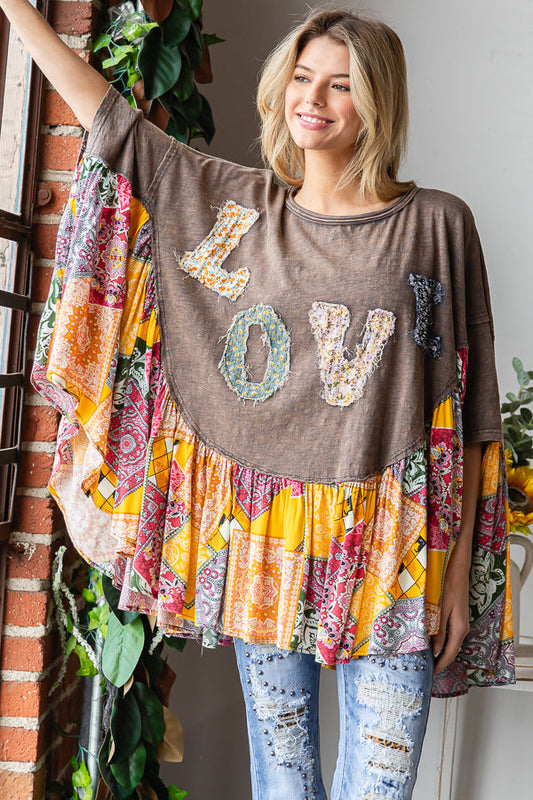 Round Neck Love Patchwork Ruffle Hem Top Oli & Hali Charcoal