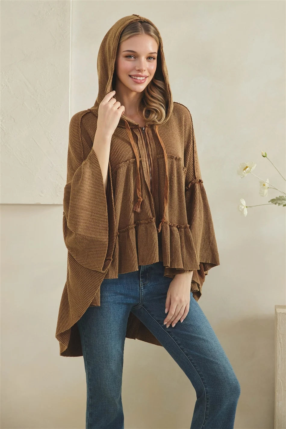 Oli & Hali Camel Ruffle Zip Hoodie