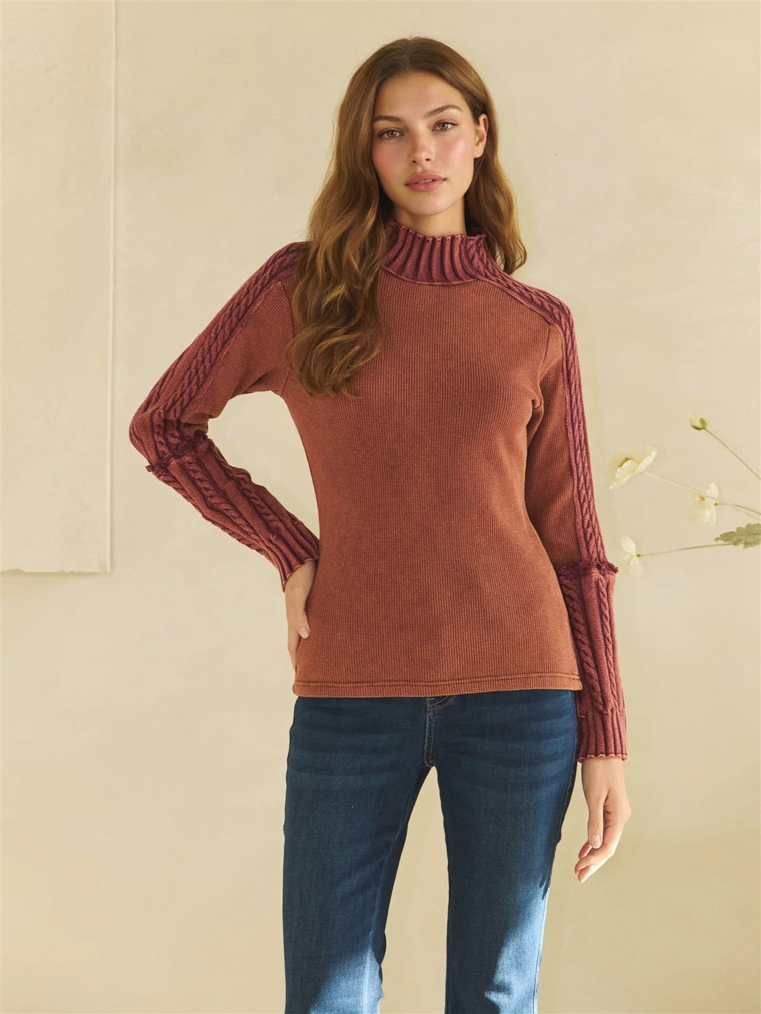 Oli & Hali Washed Raisin Ribbed Mock Neck Sweater Top