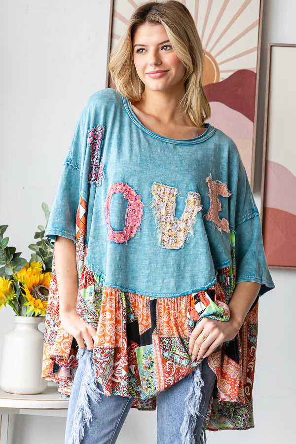 Round Neck Love Patchwork Ruffle Hem Top Oli & Hali Blue
